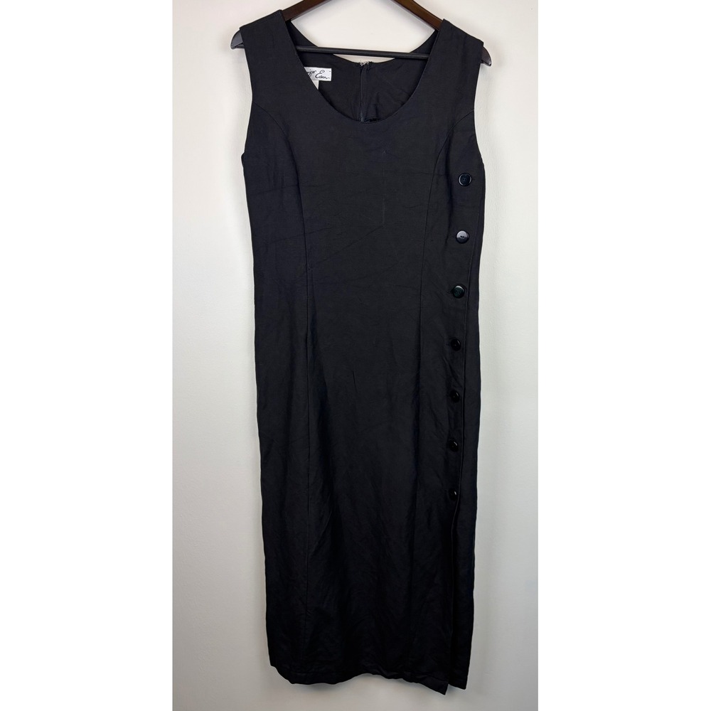 Vintage‎ 90s Jennifer Eden Midi Dress 9/10 Black Side Button Ramie Rayon Sheath